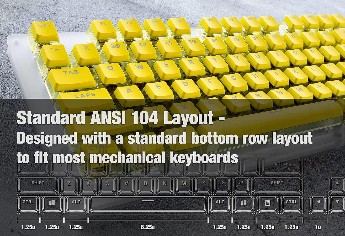 Crystal Pudding Keycap for Gaming Keyboard with Cherry MX Switches, ABS Translucent Keycaps for Backlit Mechanical Keyboard, OEM Profile 104 Keys with 6.25U Space Bar, Painted Yellow Color