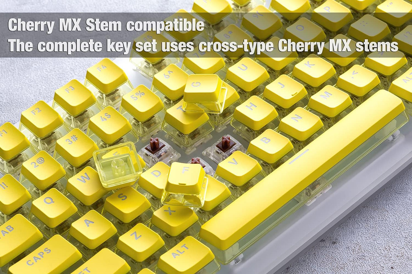 Crystal Pudding Keycap for Gaming Keyboard with Cherry MX Switches, ABS Translucent Keycaps for Backlit Mechanical Keyboard, OEM Profile 104 Keys with 6.25U Space Bar, Painted Yellow Color