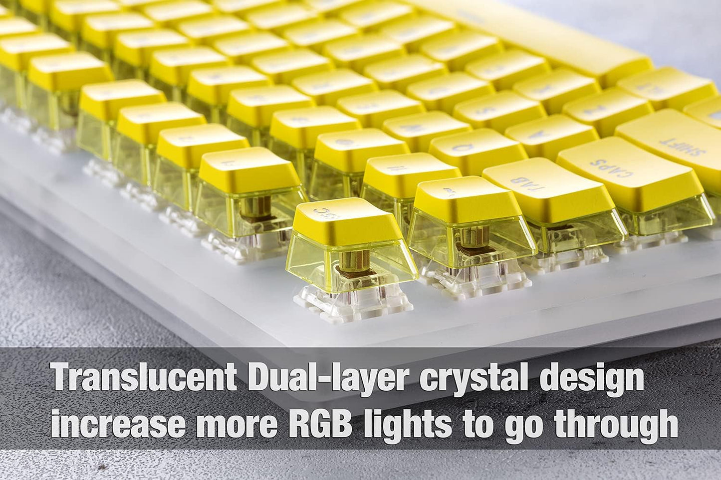 Crystal Pudding Keycap for Gaming Keyboard with Cherry MX Switches, ABS Translucent Keycaps for Backlit Mechanical Keyboard, OEM Profile 104 Keys with 6.25U Space Bar, Painted Yellow Color