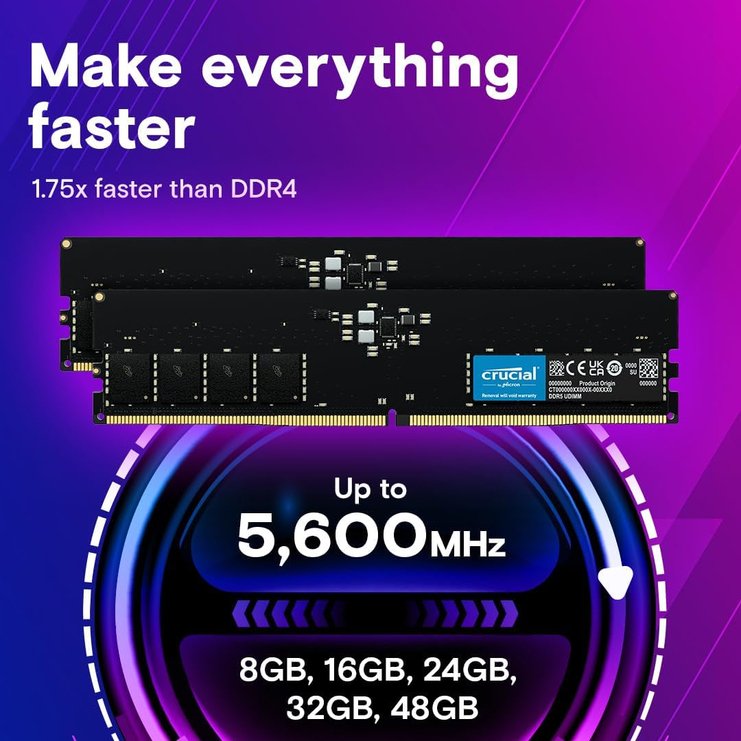 8GB DDR5 RAM, 4800Mhz Desktop Memory, UDIMM 288-Pin, Compatible with 13Th Gen Intel Core and AMD Ryzen 7000 - CT8G48C40U5