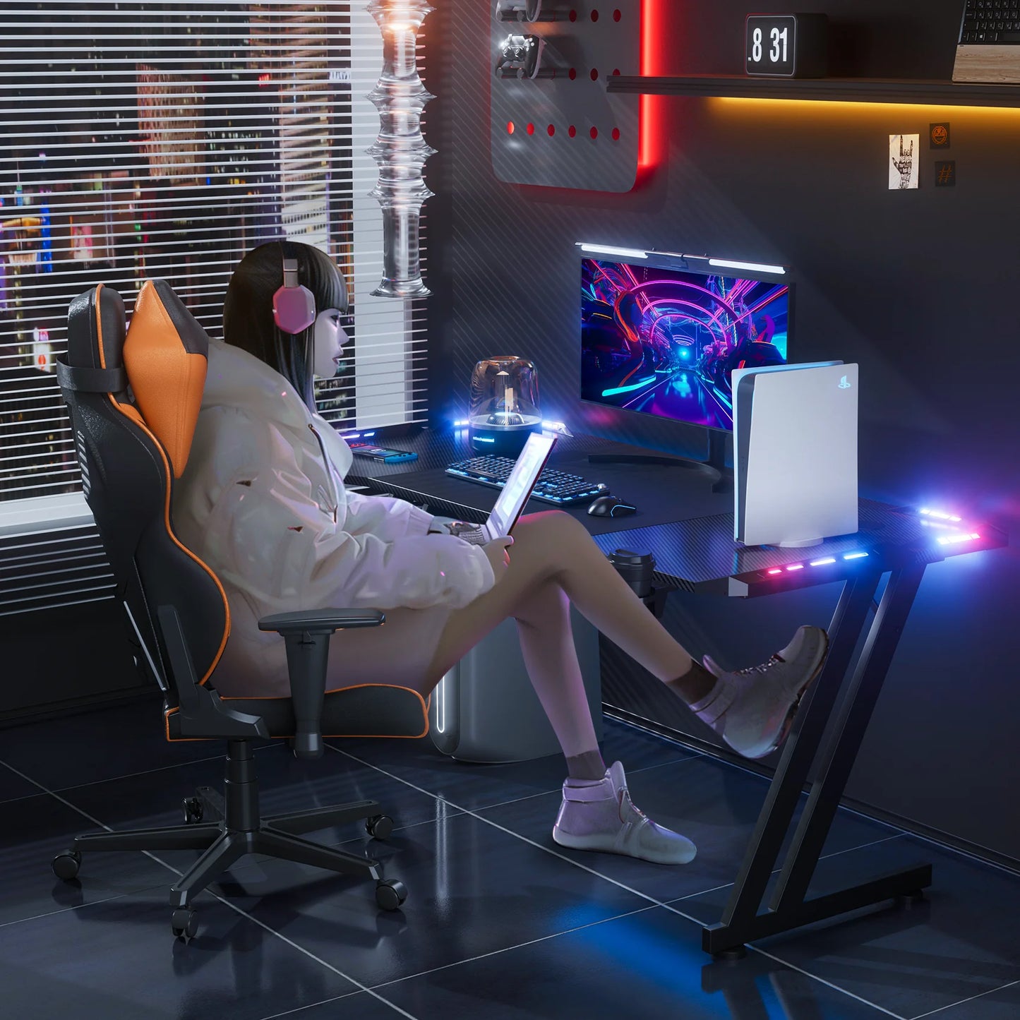 55 Inch Gaming Desk with LED, Ergonomic PC Table with Cup Holder&Headphone Hook for Adults, Black