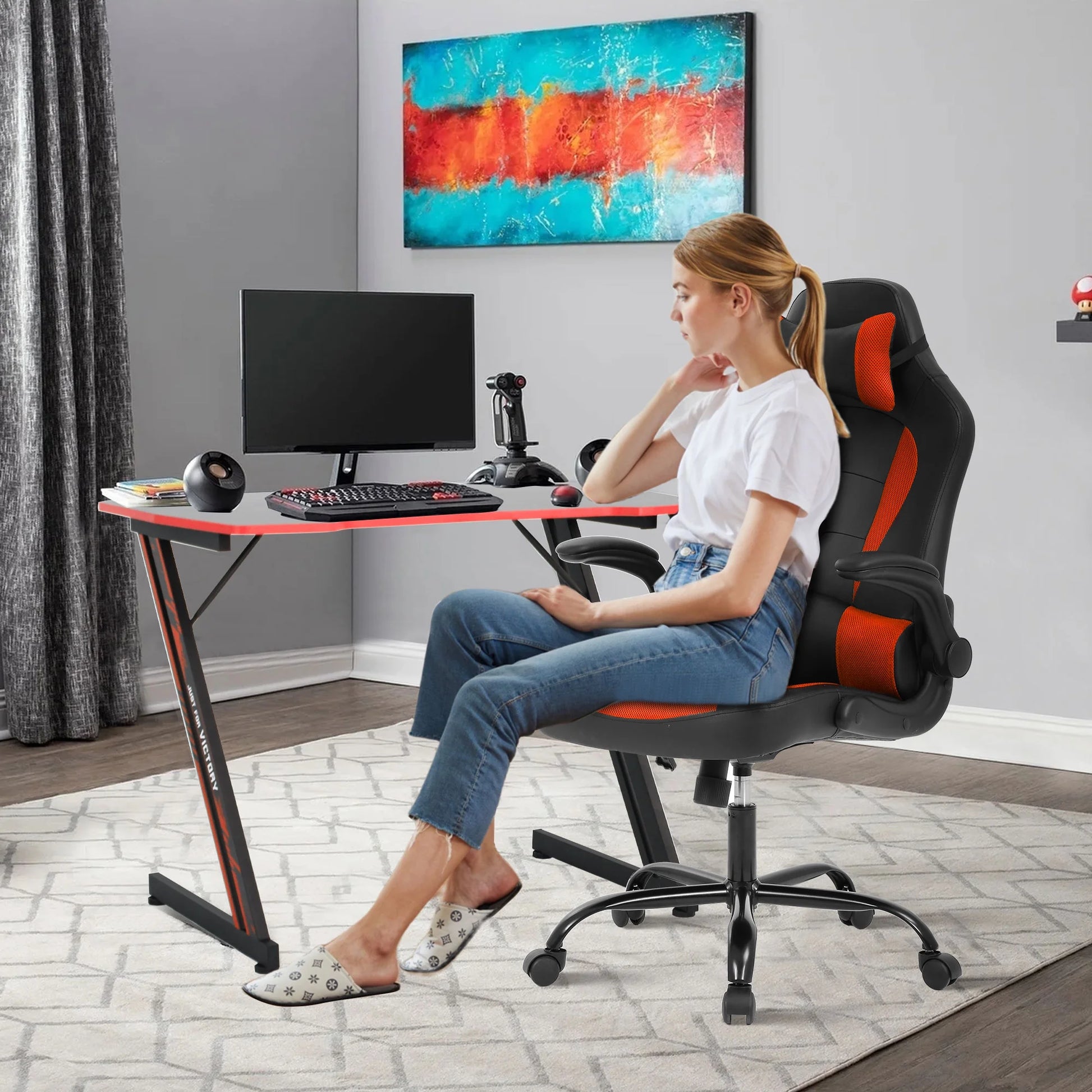 Gaming Desk Z-Shaped Computer Gaming Workstation with Headphone Hook Gaming Desk, Red