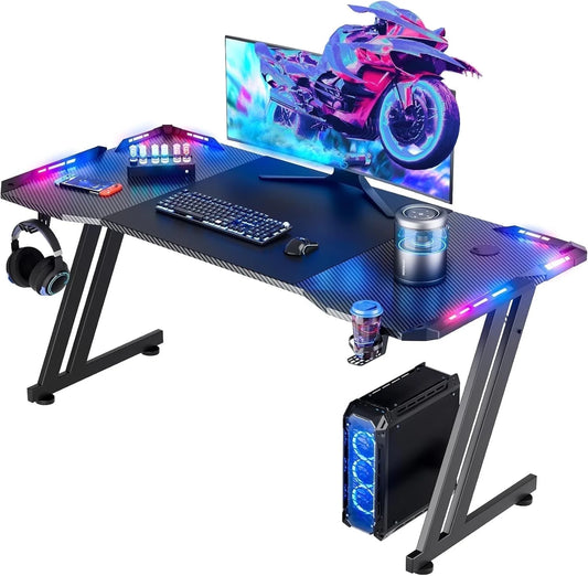 55 Inch Gaming Desk with LED, Ergonomic PC Table with Cup Holder&Headphone Hook for Adults, Black