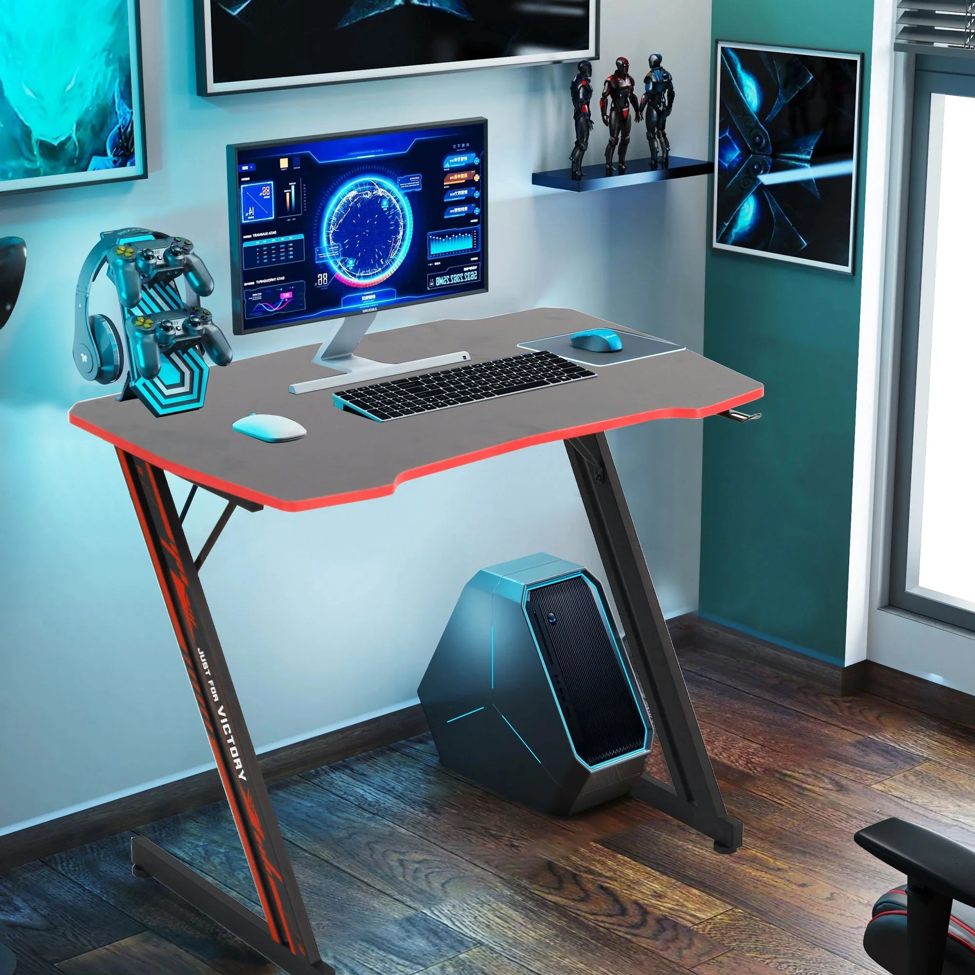Gaming Desk Z-Shaped Computer Gaming Workstation with Headphone Hook Gaming Desk, Red