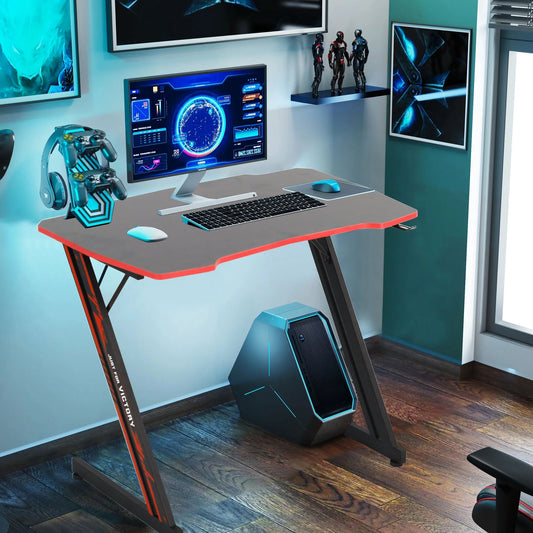 Gaming Desk Z-Shaped Computer Gaming Workstation with Headphone Hook Gaming Desk, Red