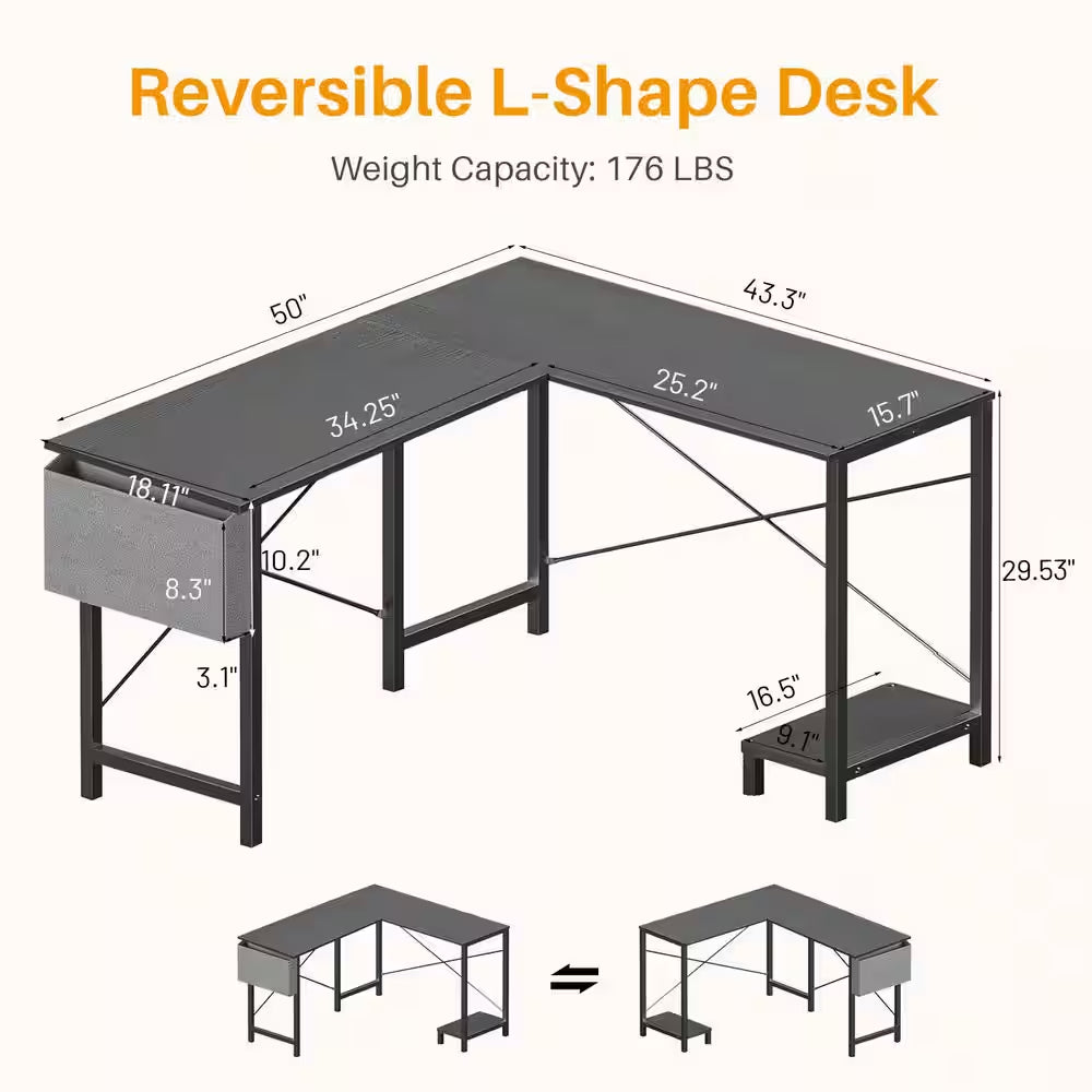 Modern 50 In. L Shaped Black Wood Reversible Computer Desk Corner PC Gaming Table with Side Storage Bag and Shelf