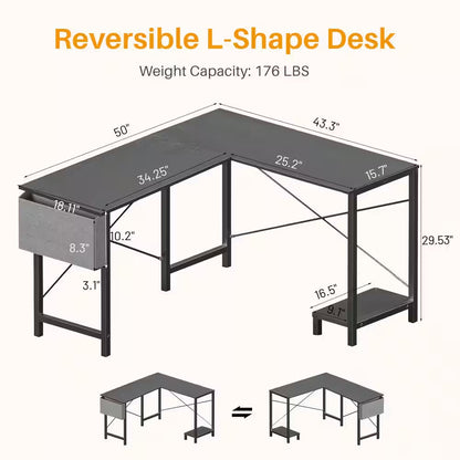 Modern 50 In. L Shaped Black Wood Reversible Computer Desk Corner PC Gaming Table with Side Storage Bag and Shelf