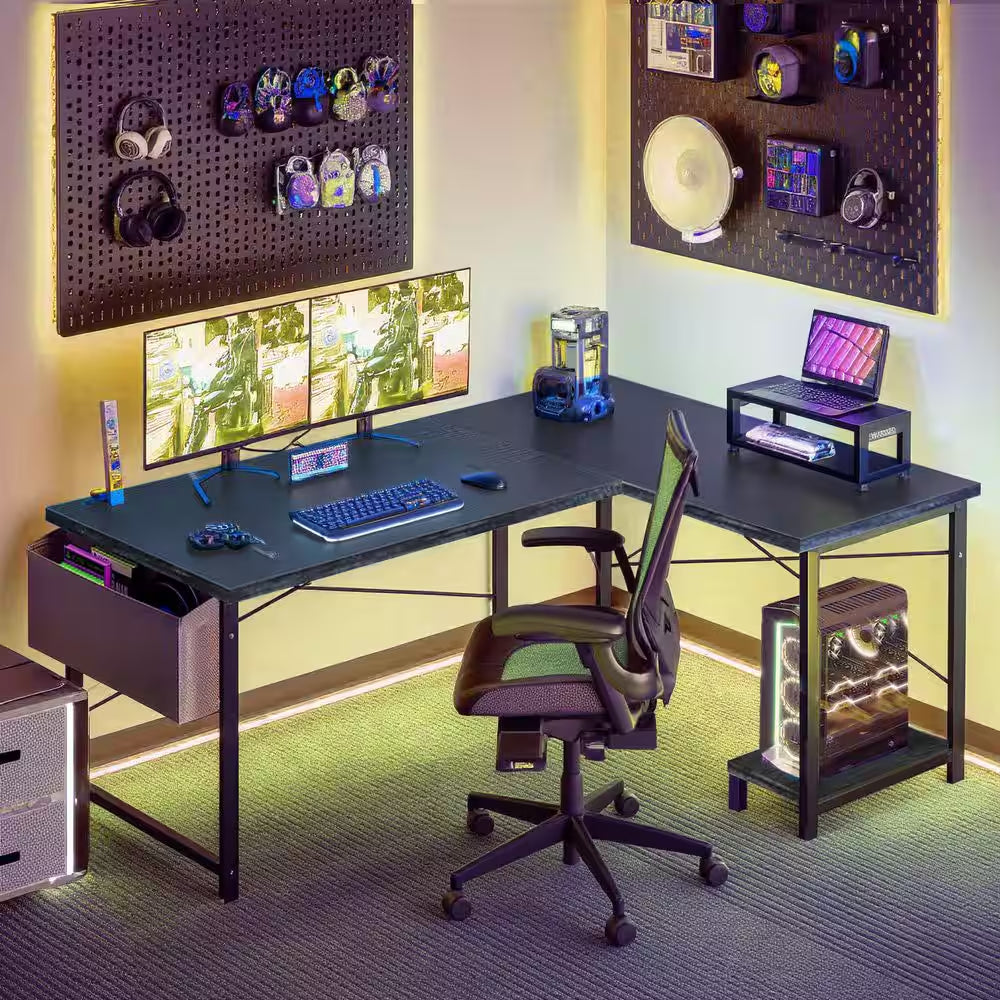 Modern 50 In. L Shaped Black Wood Reversible Computer Desk Corner PC Gaming Table with Side Storage Bag and Shelf