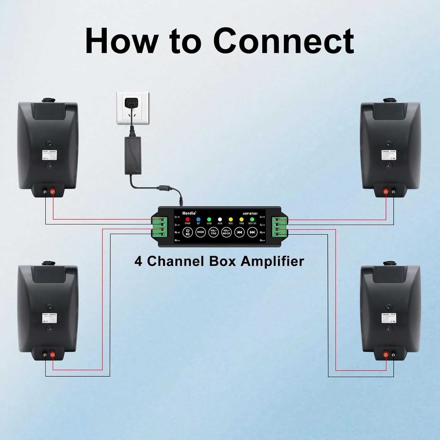 4PCS 6.5‘’ 800W Outdoor Bluetooth Speakers Wired Waterproof with Multifunctional Amplifier Wall Mount Speakers for Patio
