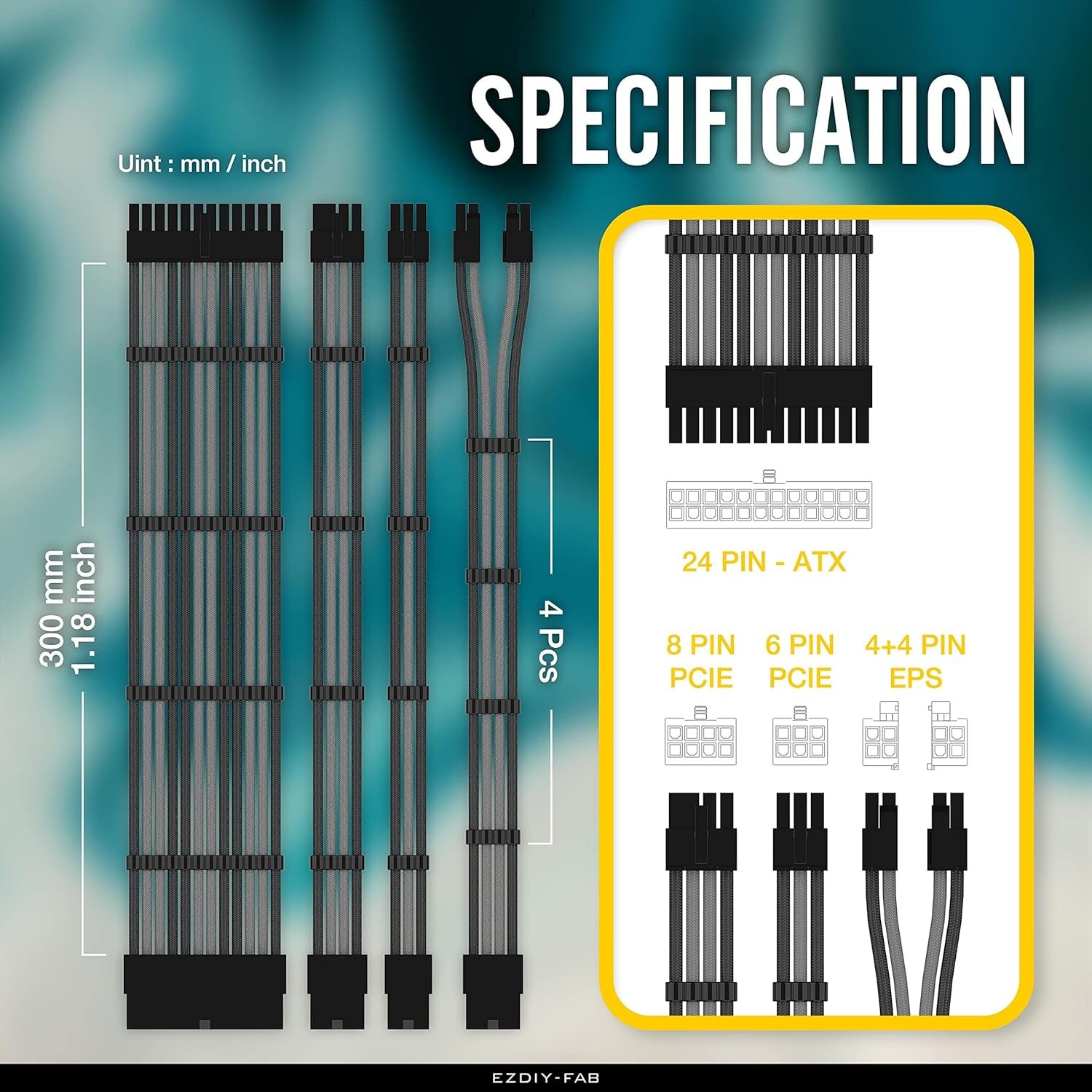 PSU Cable Extension Kit - Sleeved 16 AWG Custom Power Supply Extension 24/8/6/4+4-PIN with Combs - Black/Grey