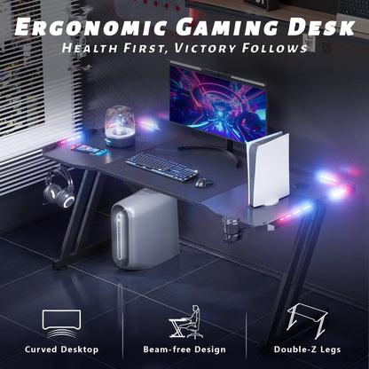 55 Inch Gaming Desk with LED, Ergonomic PC Table with Cup Holder&Headphone Hook for Adults, Black
