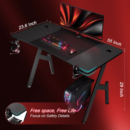 55 Inch Gaming Desk, Ergonomic Computer Table, Gamer Table, Large Pc Workstation, Black