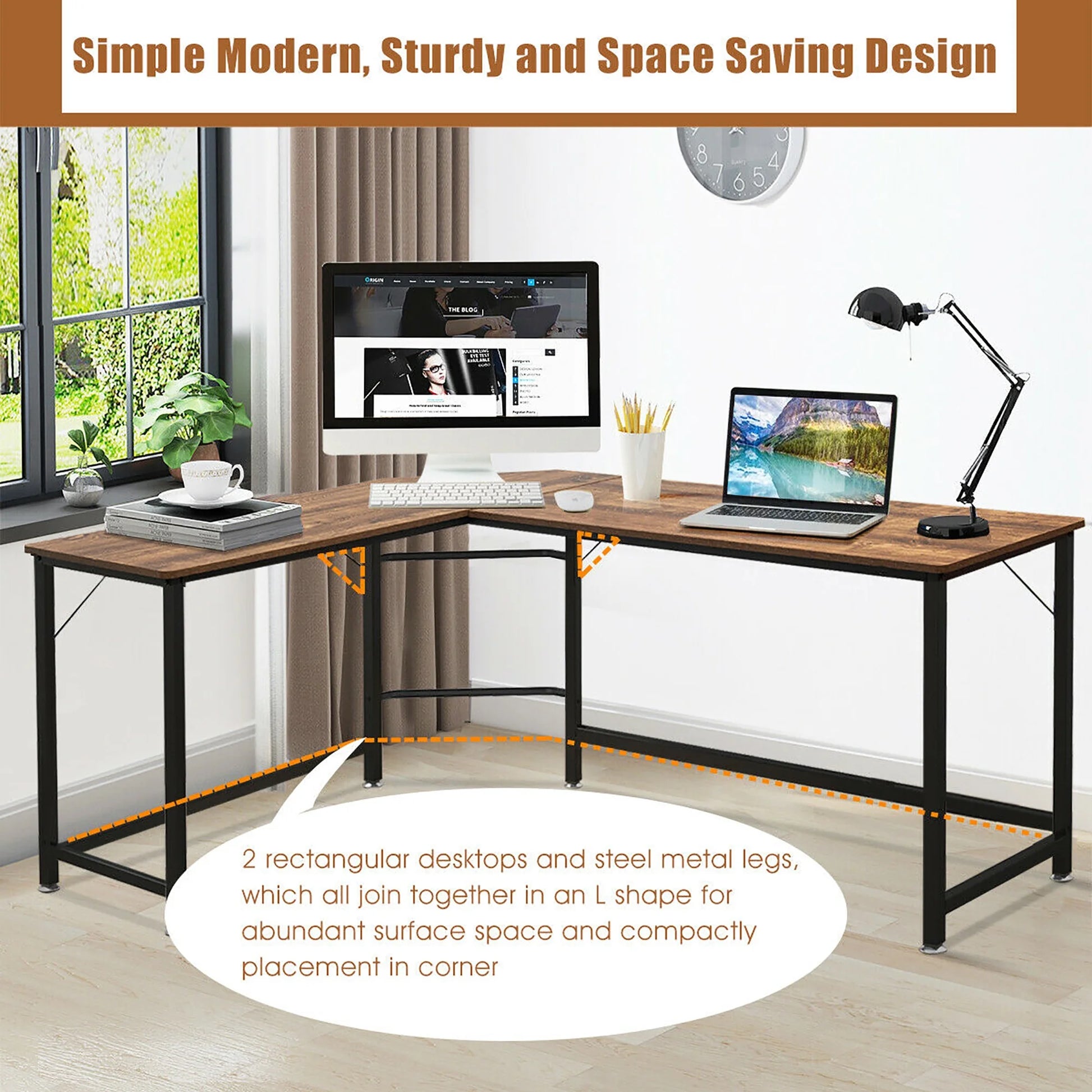 L-Shaped Computer Desk Corner Workstation Study Gaming Table Home Office-Coffee