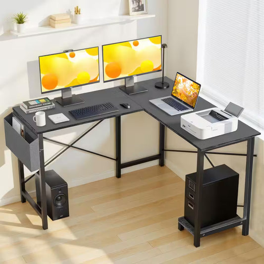 Modern 50 In. L Shaped Black Wood Reversible Computer Desk Corner PC Gaming Table with Side Storage Bag and Shelf