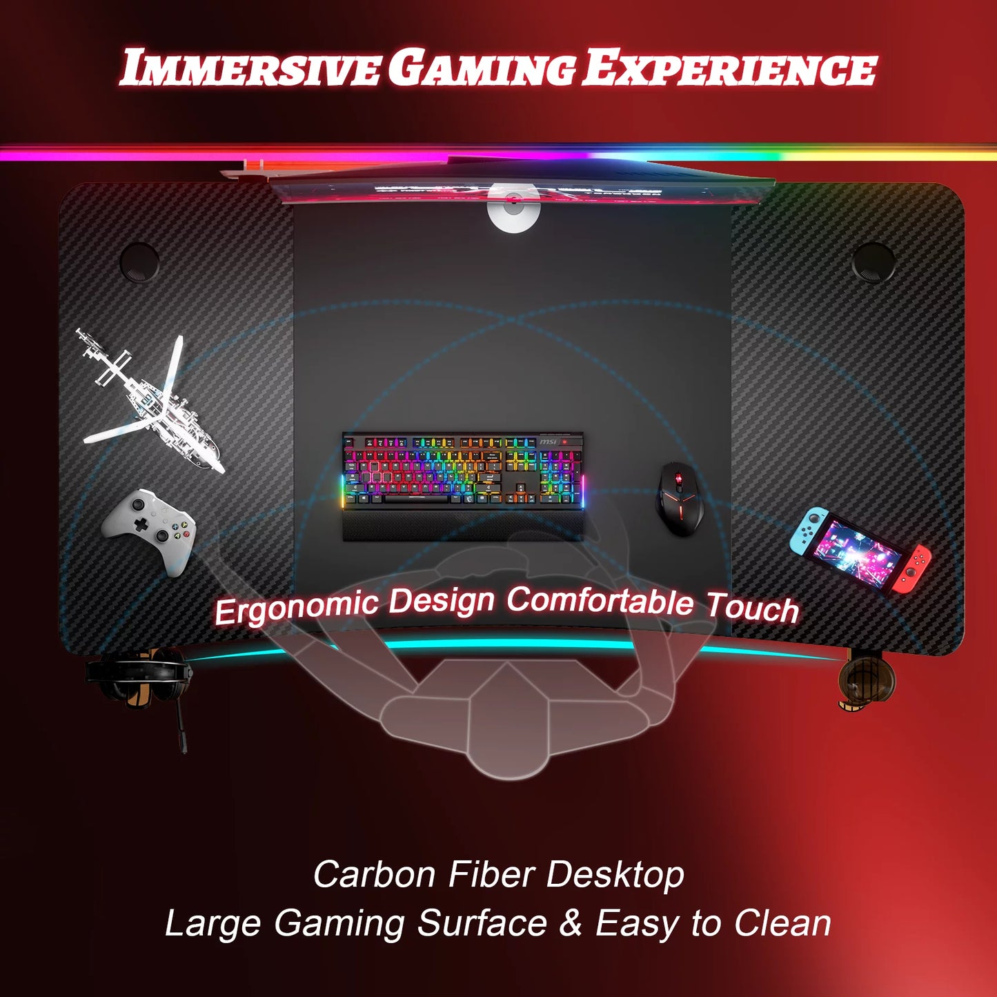 55 Inch Gaming Desk, Ergonomic Computer Table, Gamer Table, Large Pc Workstation, Black