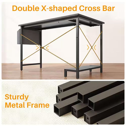 Modern 50 In. L Shaped Black Wood Reversible Computer Desk Corner PC Gaming Table with Side Storage Bag and Shelf