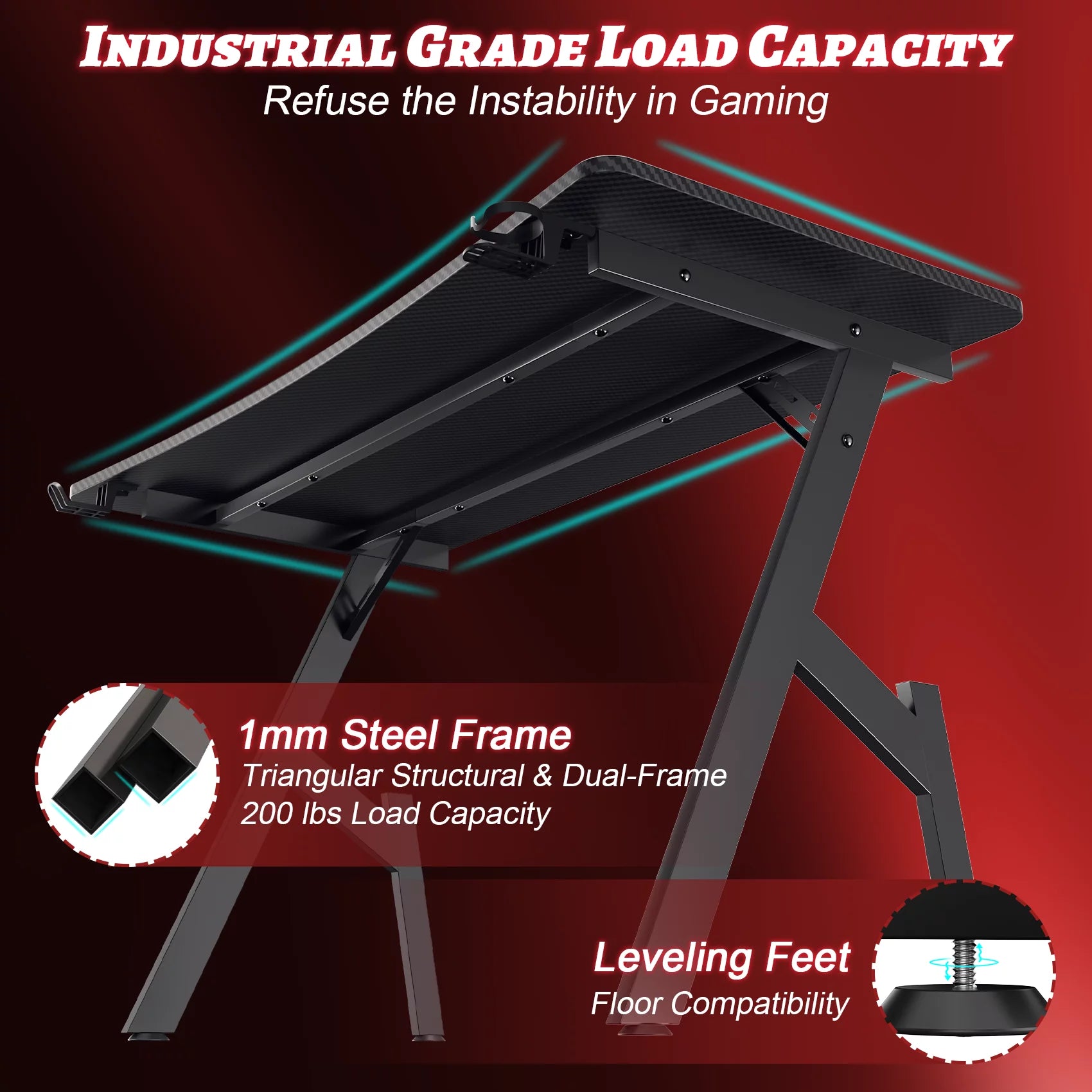 55 Inch Gaming Desk, Ergonomic Computer Table, Gamer Table, Large Pc Workstation, Black