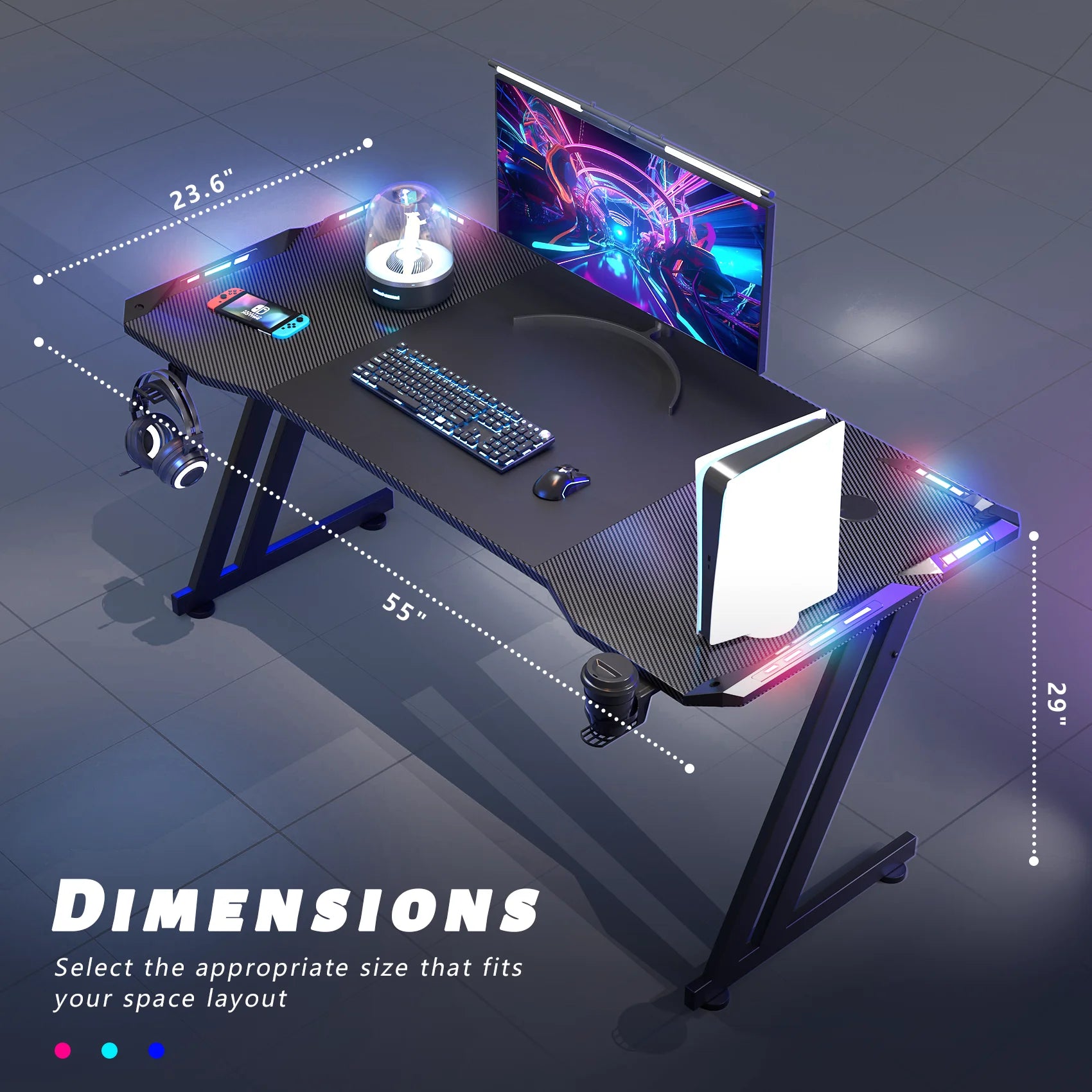 55 Inch Gaming Desk with LED, Ergonomic PC Table with Cup Holder&Headphone Hook for Adults, Black