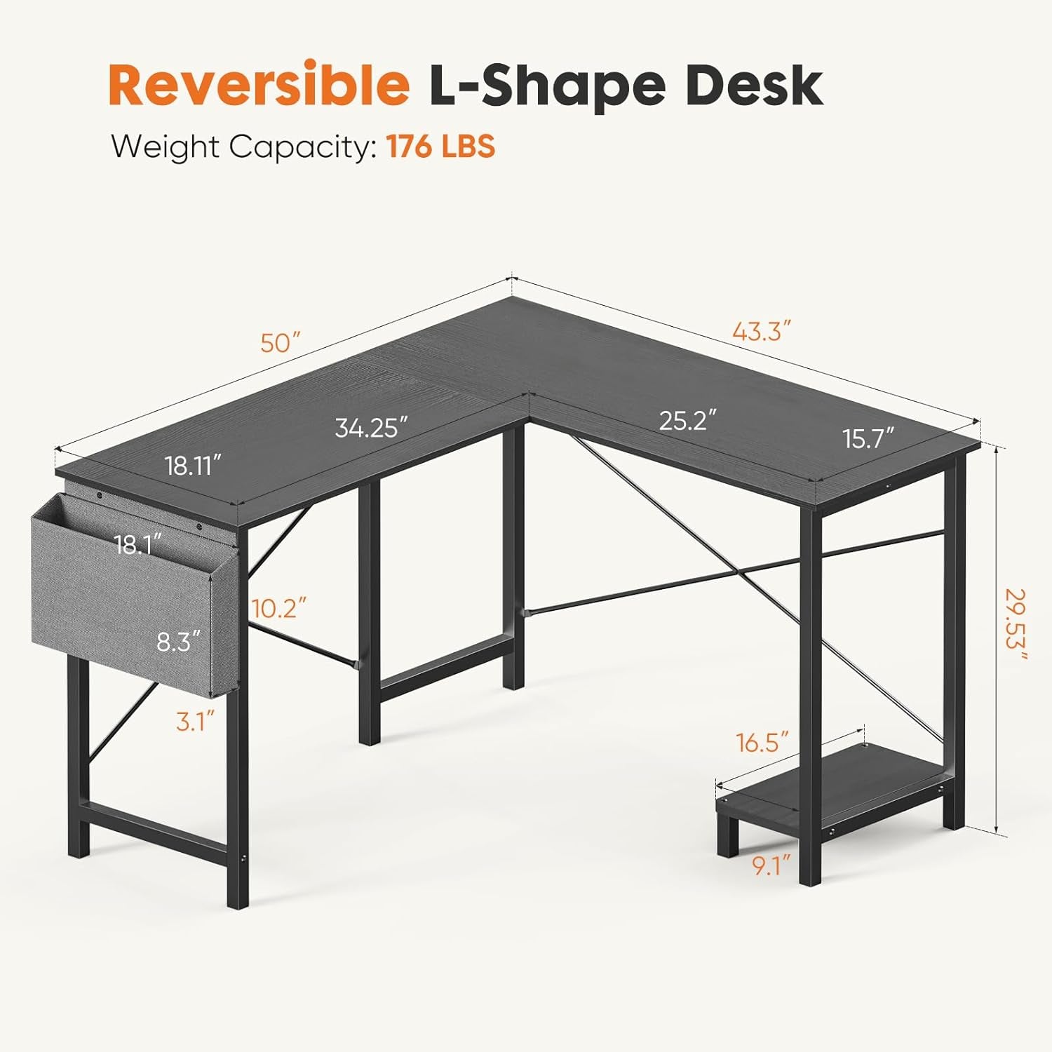 L Shaped Computer Desk - Gaming Table Corner Desk 50 Inch PC Writing Black Desk
