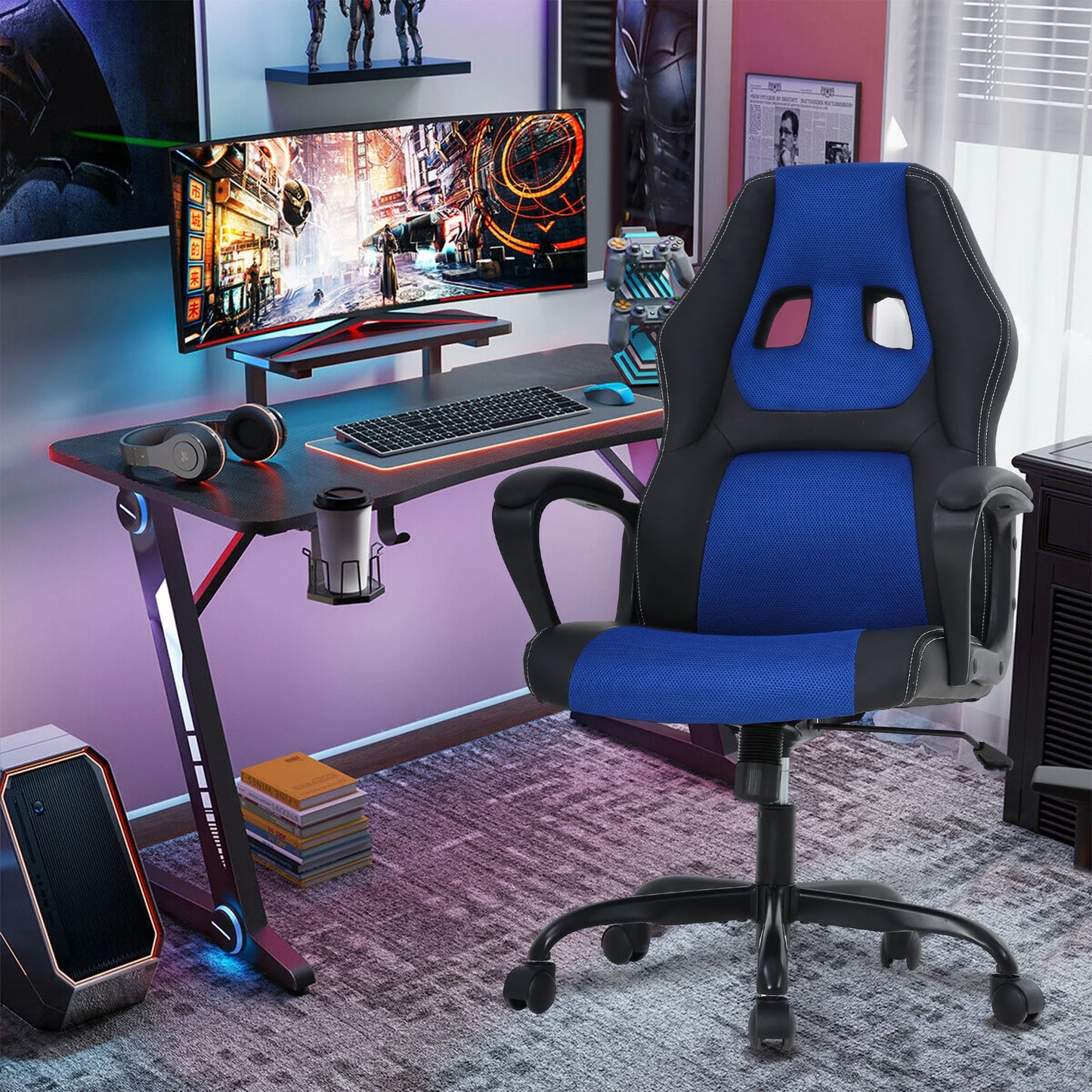 Gaming Chair PC Gaming Chair Gaming Chairs for Adults, Computer Chair PU Leather Office Desk Chair with Arms & Back Ergonomic High-Back Video Game Chair(Blue）