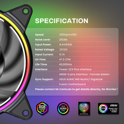 ARGB PC Fans 120Mm,Cooling Case Fans for Gaming Pc,1250 Quiet High Airflow,Adjustable Color LED White PC Fan,Cpu Coolers,Radiators System (1250KK 3 Pack Fans Only)