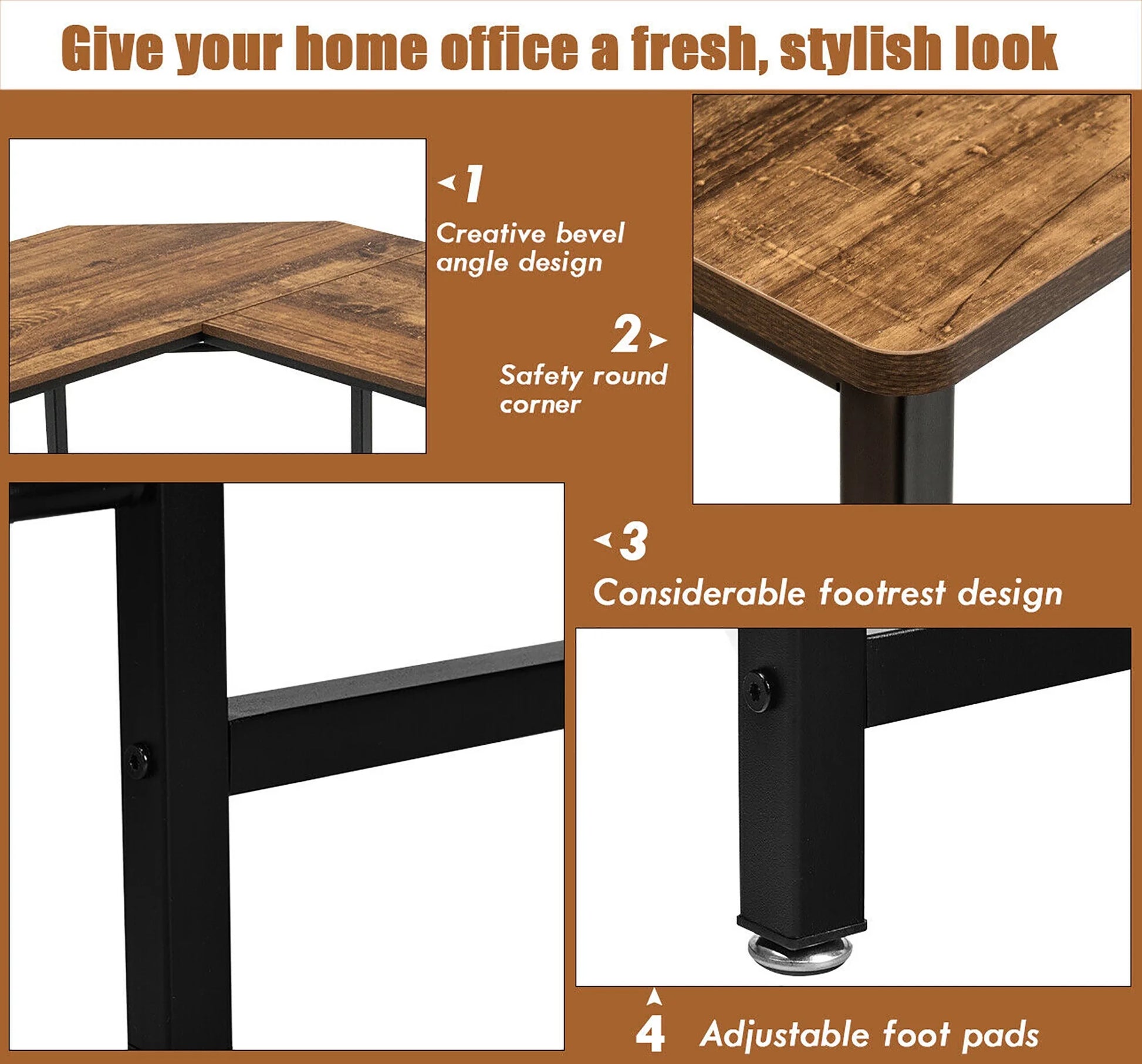 L-Shaped Computer Desk Corner Workstation Study Gaming Table Home Office-Coffee