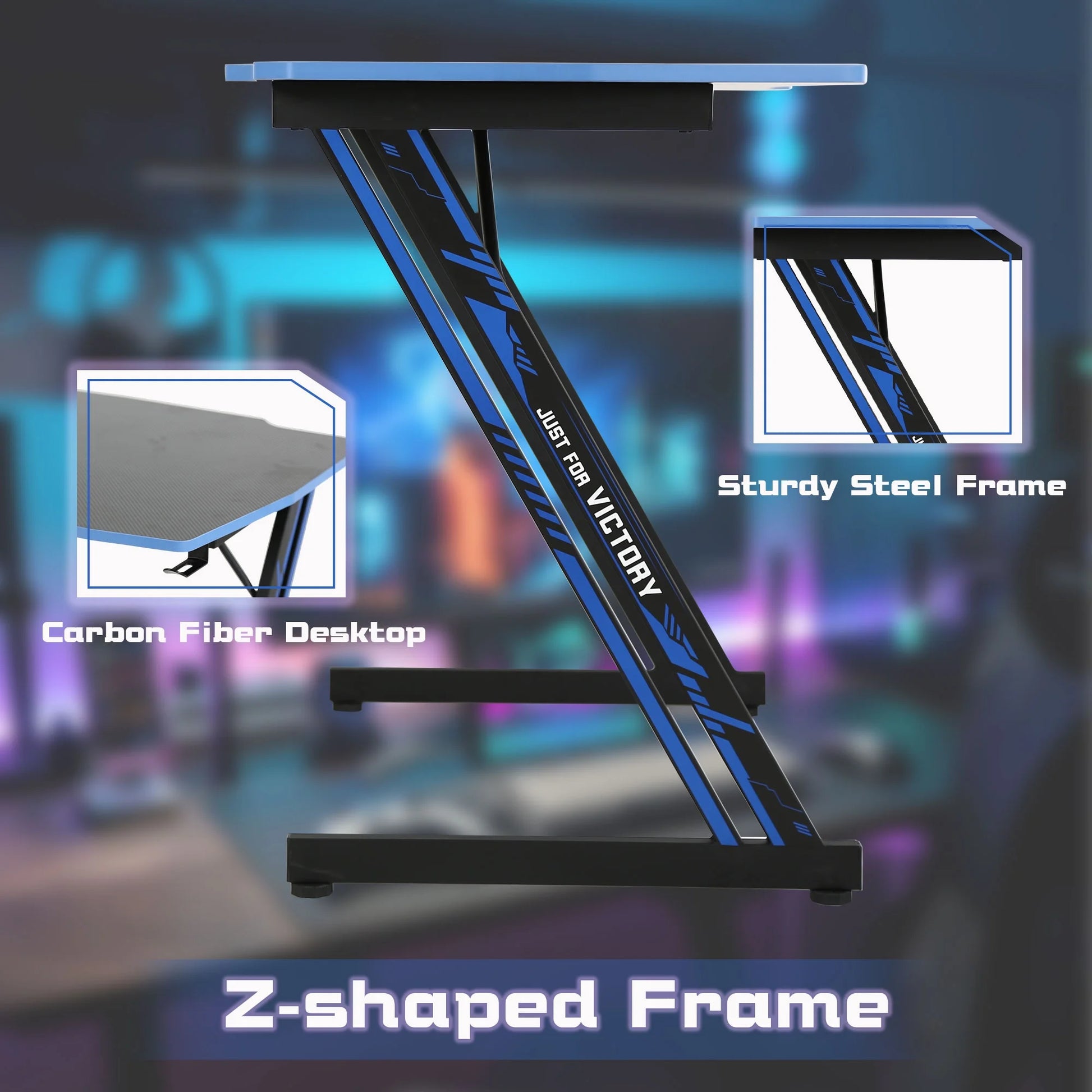 Gaming Z Shaped Desk with Headphone Hook, Blue