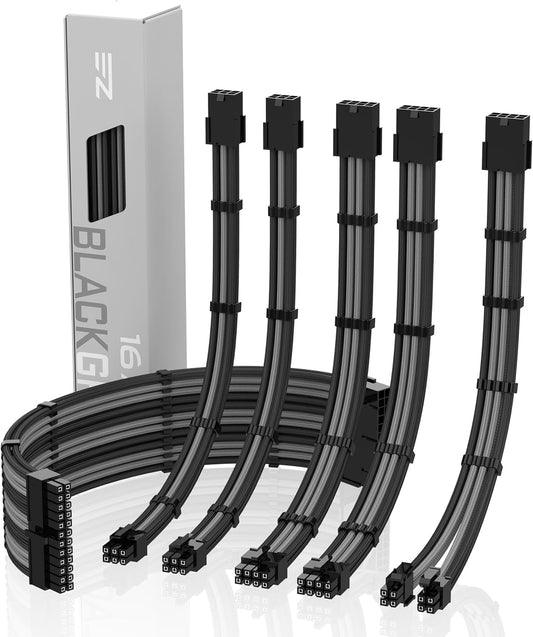 PSU Cable Extension Kit - Sleeved 16 AWG Custom Power Supply Extension 24/8/6/4+4-PIN with Combs - Black/Grey