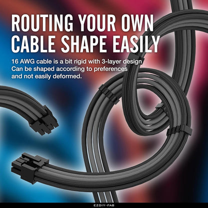 PSU Cable Extension Kit - Sleeved 16 AWG Custom Power Supply Extension 24/8/6/4+4-PIN with Combs - Black/Grey