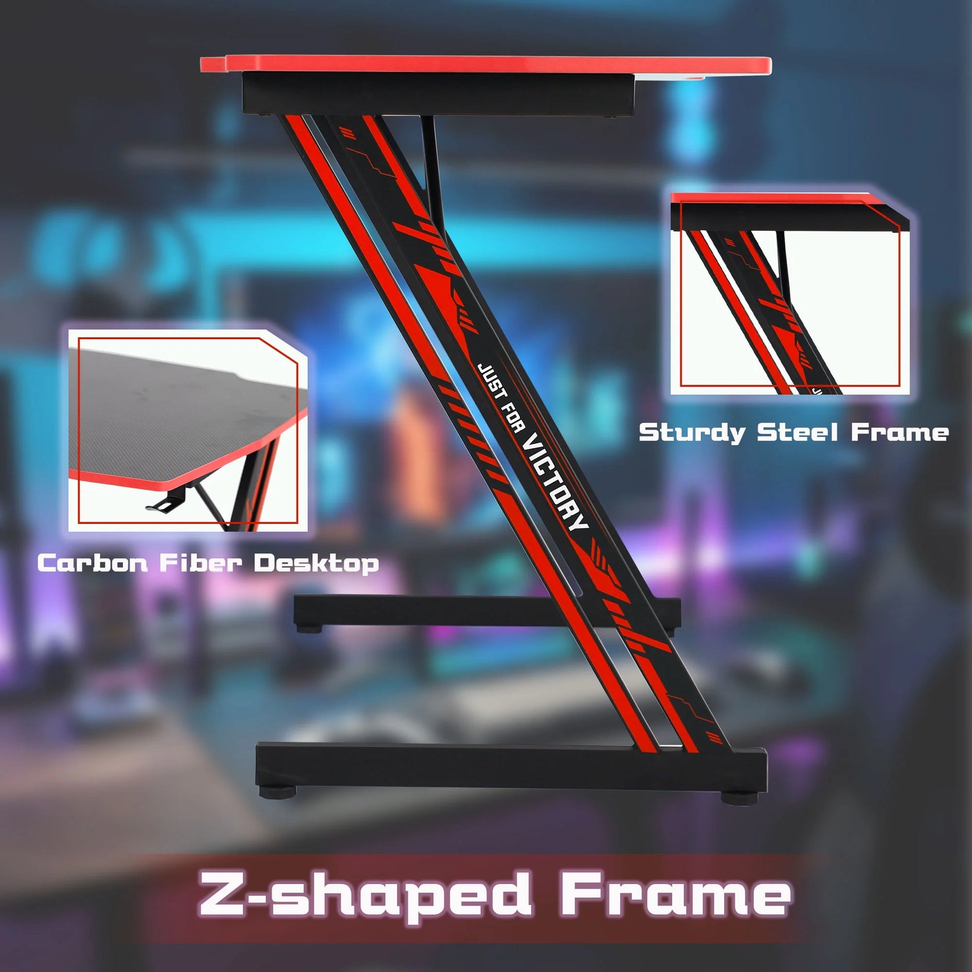 Gaming Desk Z-Shaped Computer Gaming Workstation with Headphone Hook Gaming Desk, Red
