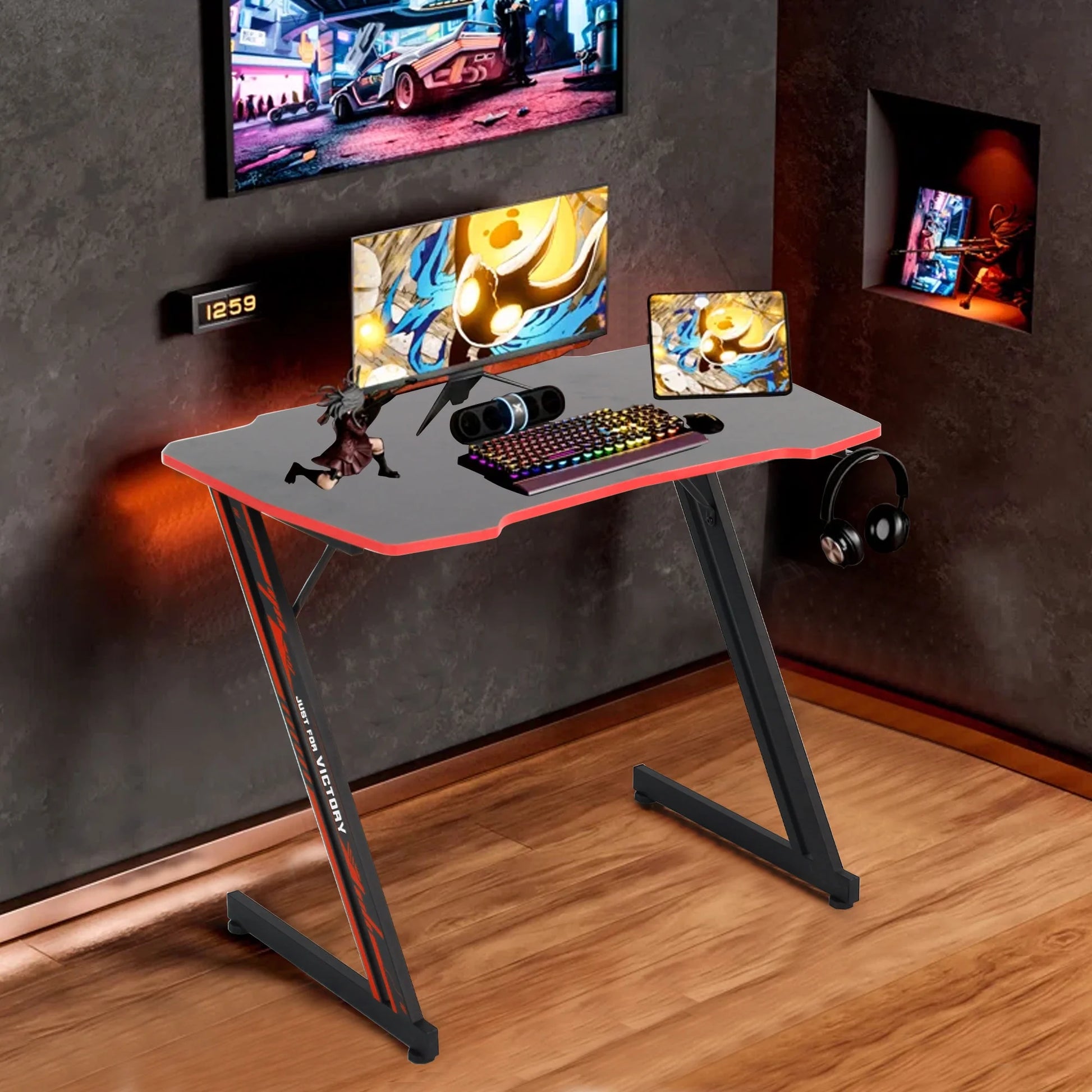 Gaming Desk Z-Shaped Computer Gaming Workstation with Headphone Hook Gaming Desk, Red