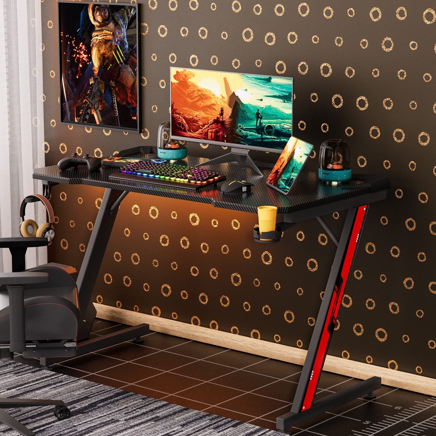 Gaming Desk, Computer and Gaming Table Z Shaped for Pc, Workstation, Home, Offic