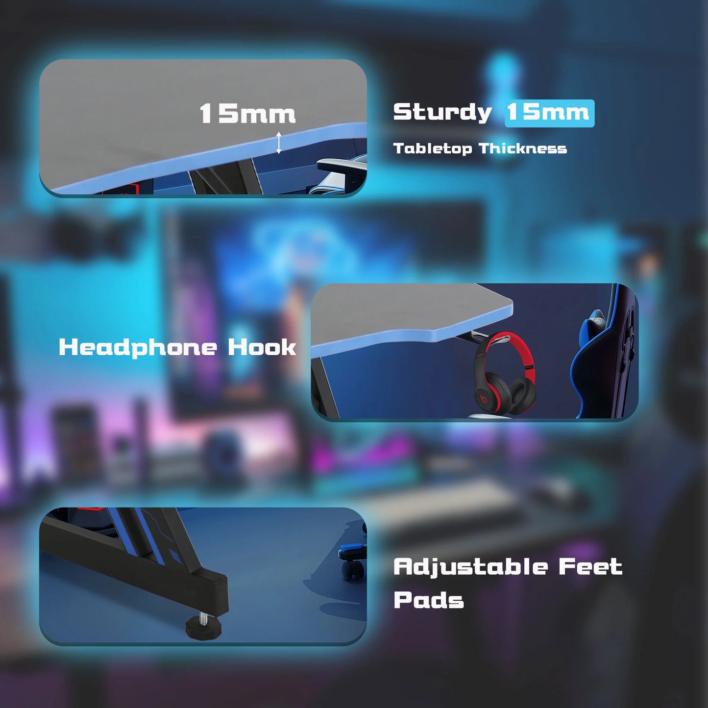 Gaming Z Shaped Desk with Headphone Hook, Blue