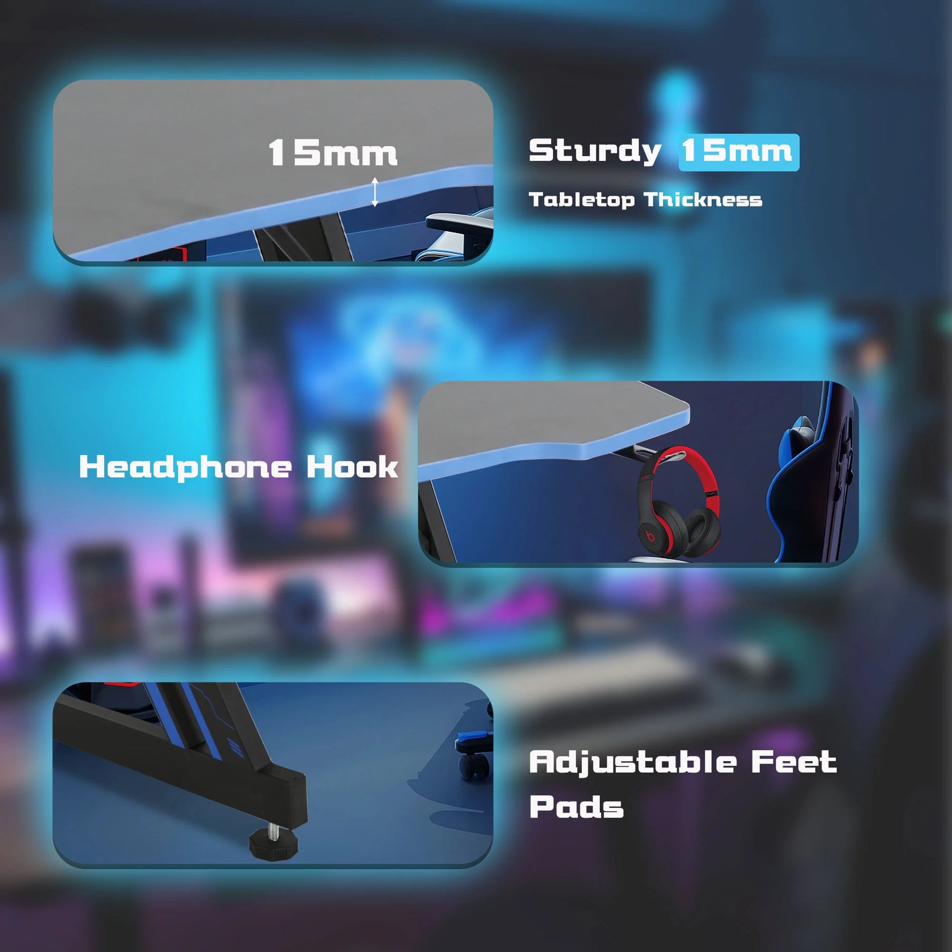 Gaming Z Shaped Desk with Headphone Hook, Blue