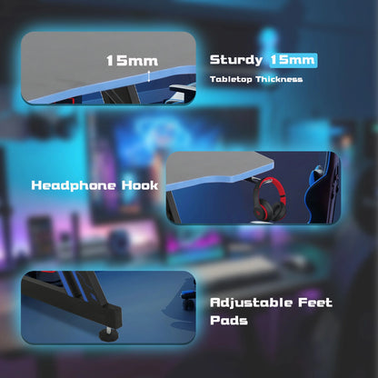 Gaming Z Shaped Desk with Headphone Hook, Blue