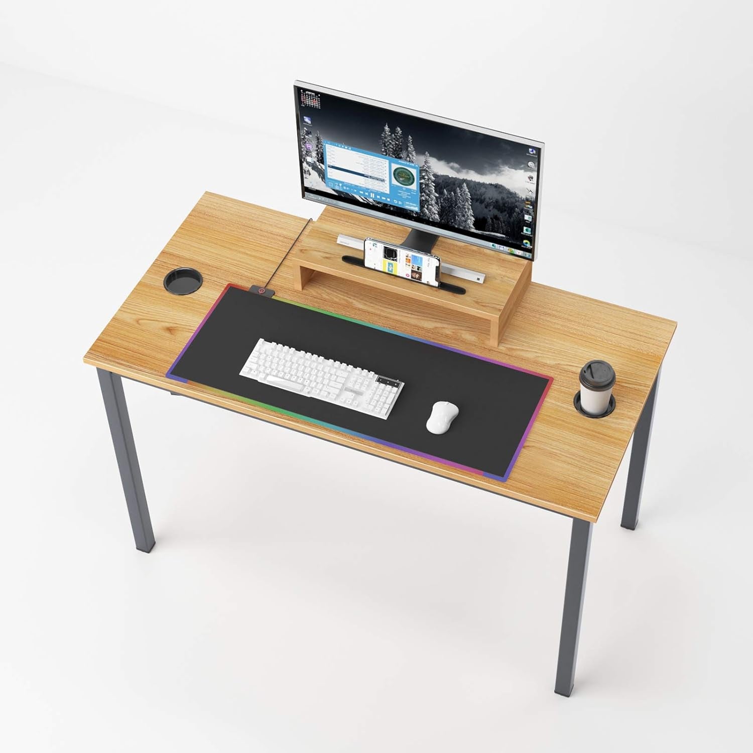 Gaming Computer Desk with RGB LED Mouse Pad, 47 Inches All-In-One Gaming Table/Workstation with Display Stand, ND14 Pro, Teak and Black Legs, 1 Pack