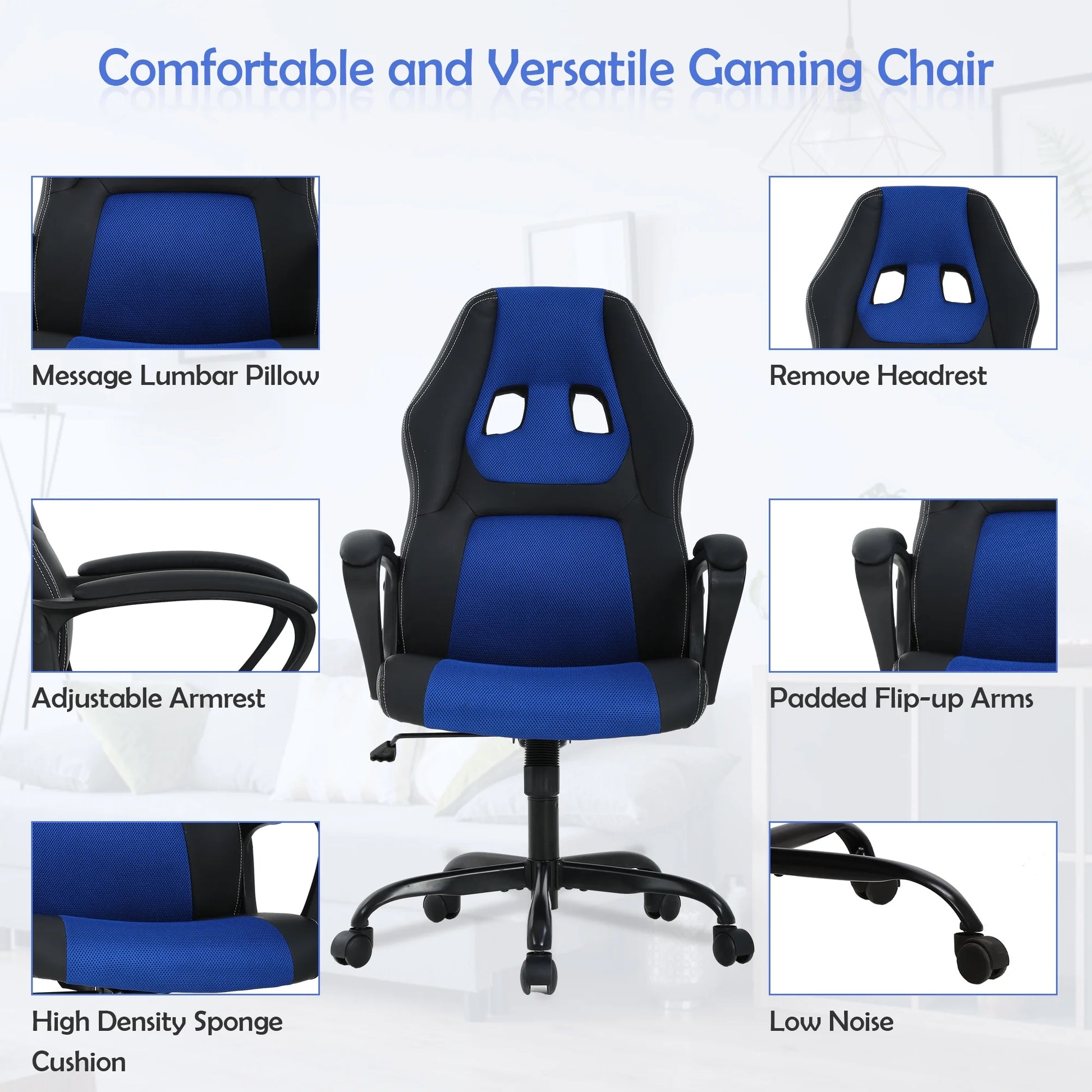 Gaming Chair PC Gaming Chair Gaming Chairs for Adults, Computer Chair PU Leather Office Desk Chair with Arms & Back Ergonomic High-Back Video Game Chair(Blue）