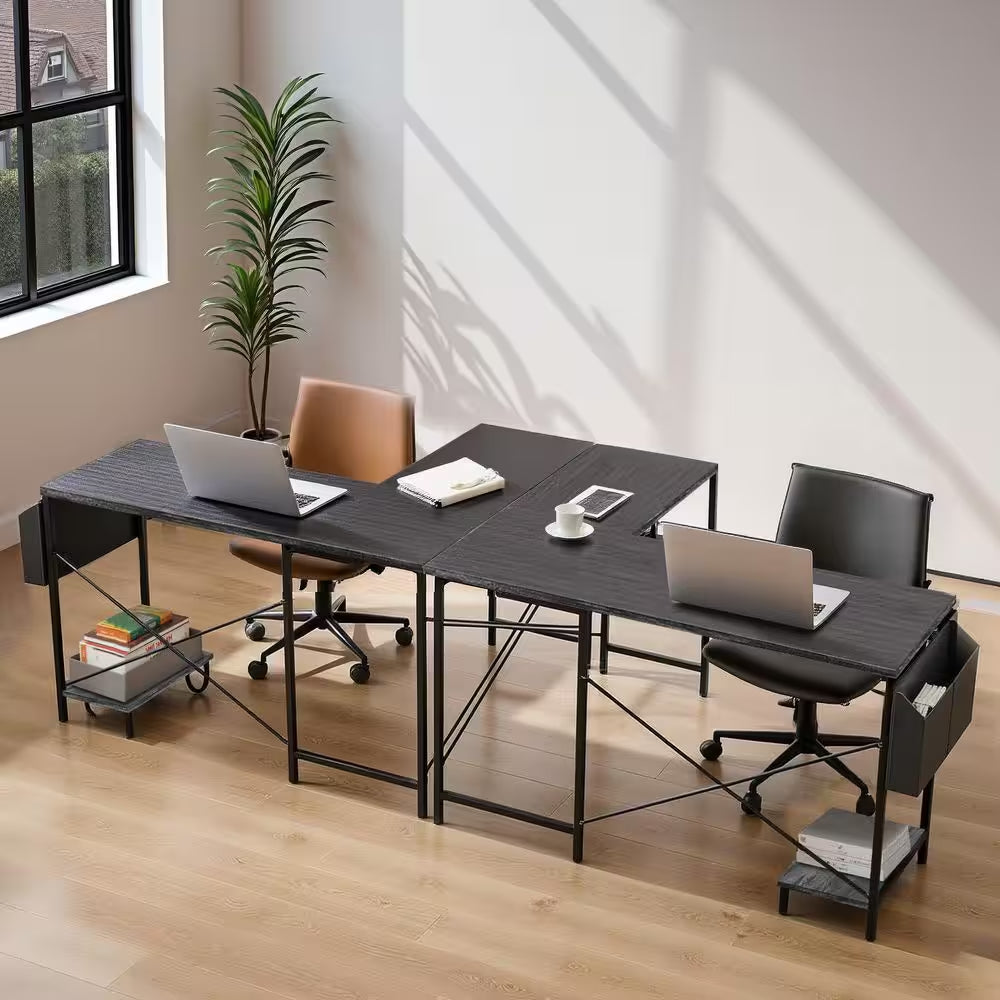 Modern 50 In. L Shaped Black Wood Reversible Computer Desk Corner PC Gaming Table with Side Storage Bag and Shelf
