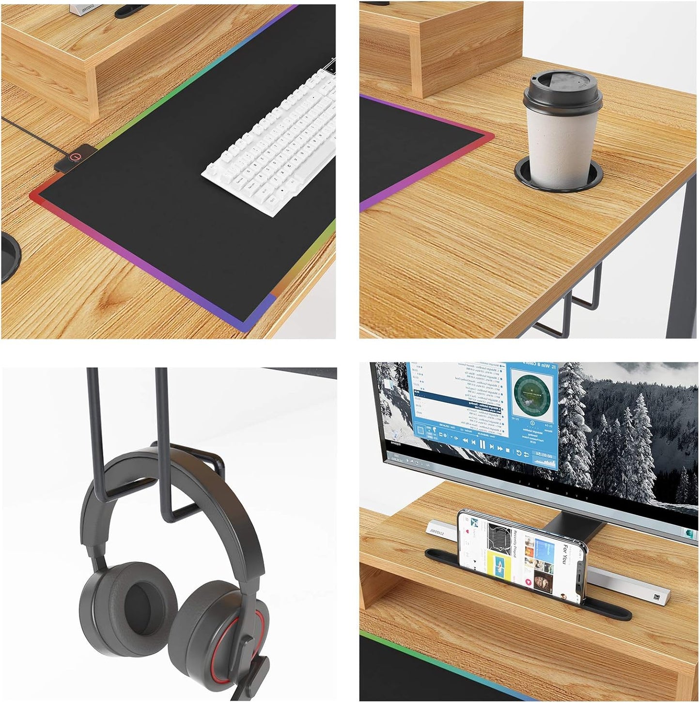 Gaming Computer Desk with RGB LED Mouse Pad, 47 Inches All-In-One Gaming Table/Workstation with Display Stand, ND14 Pro, Teak and Black Legs, 1 Pack