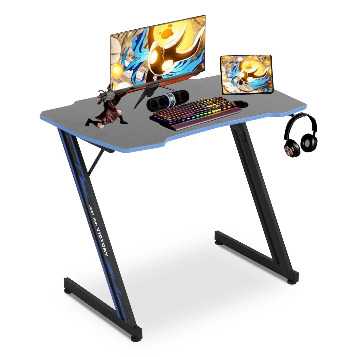 Gaming Z Shaped Desk with Headphone Hook, Blue