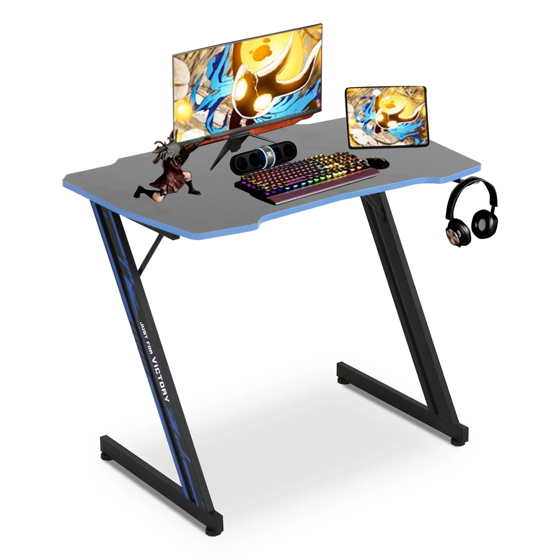 Gaming Z Shaped Desk with Headphone Hook, Blue