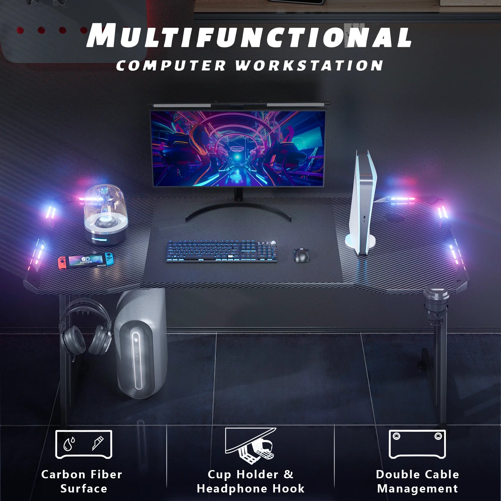 55 Inch Gaming Desk with LED, Ergonomic PC Table with Cup Holder&Headphone Hook for Adults, Black
