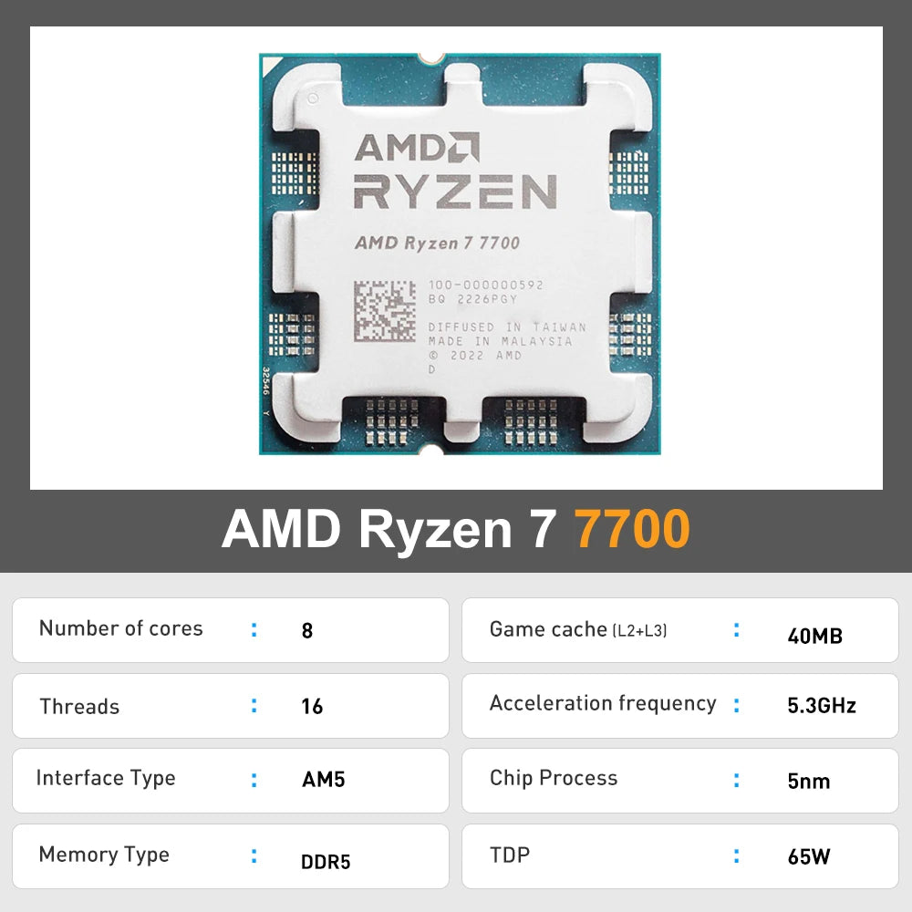 Ryzen 7 7700 Processor 5.3Ghz 8-Core 16-Thread 40MB Game Cache 5NM TDP 65W Socket AM5 Gaming CPU Integrated Graphics