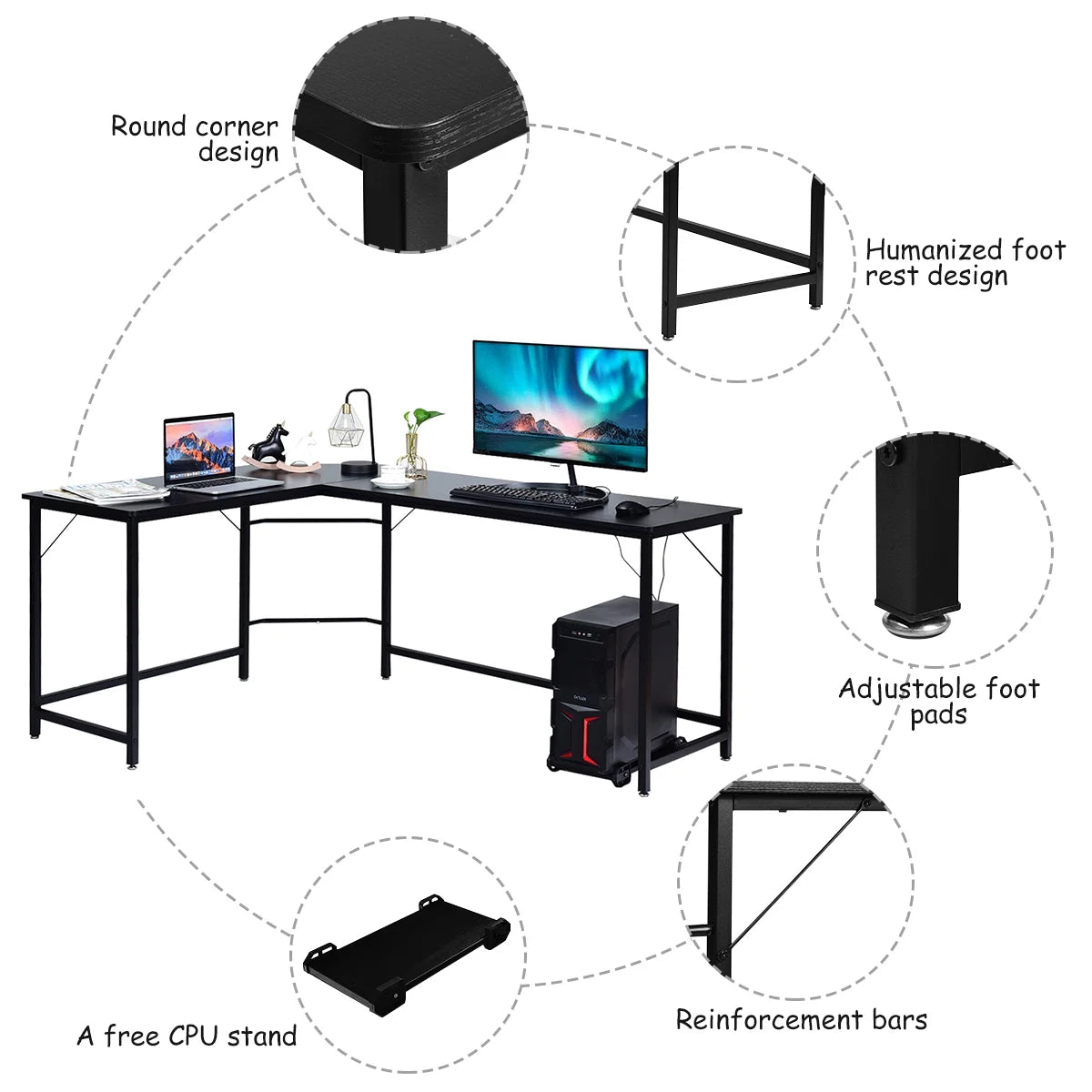 L-Shaped Computer Desk Corner Workstation Study Gaming Table Home Office-Black
