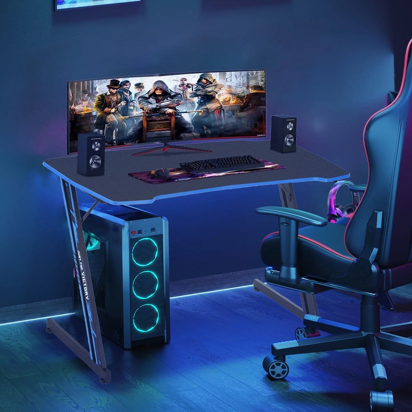 Gaming Z Shaped Desk with Headphone Hook, Blue
